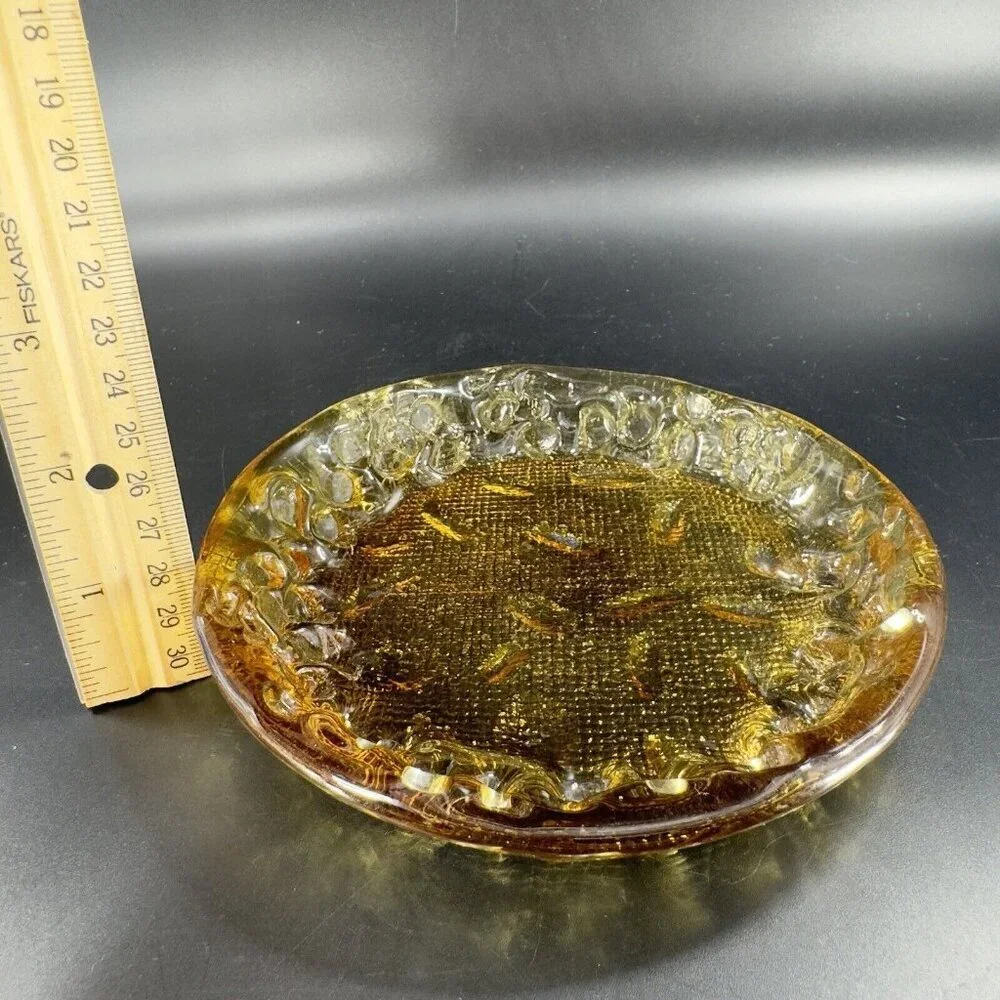 Round Art Glass Dish Plate‎ Thick Glass Textured Center Trinket Glass Decor